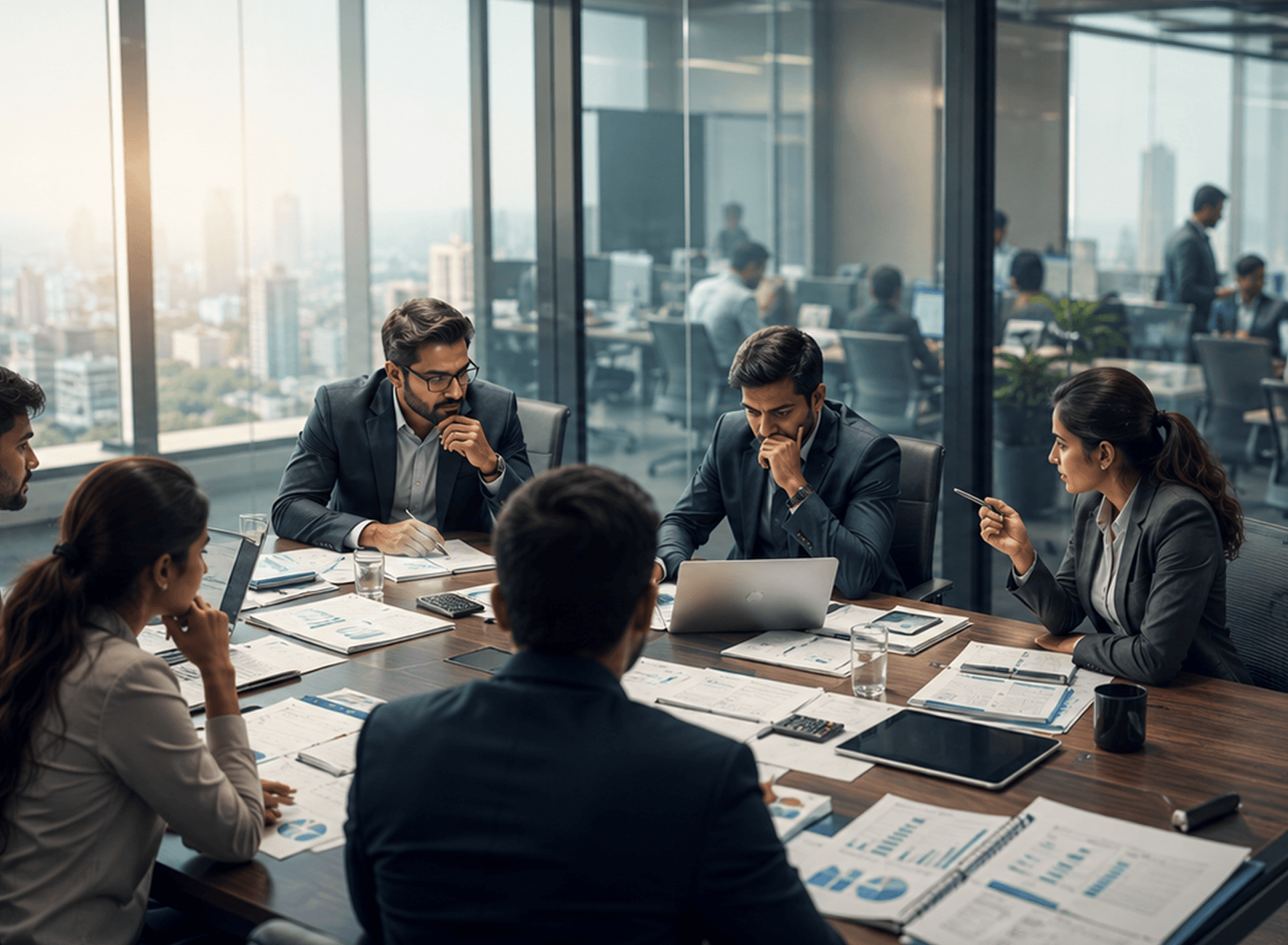Business professionals collaborating in a modern boardroom